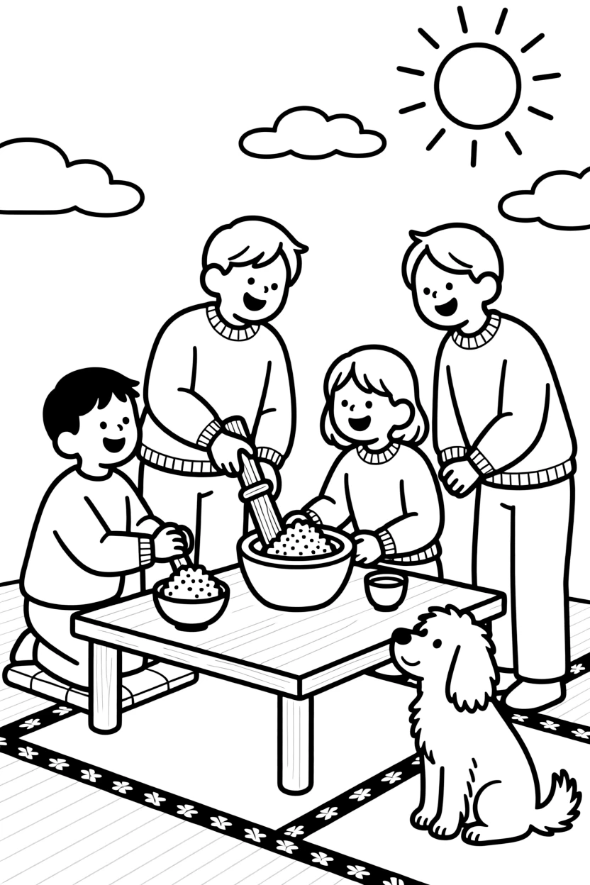 A coloring page capturing everyday life in Japan: a family gathered around a table pounding sticky rice into mochi for the New Year, with a loyal pet nearby and a warm sun shining overhead.