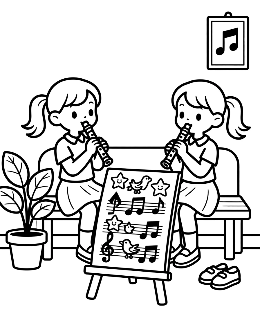 bright-eyed twin sisters blow into a recorder, following notes on a big illustrated music sheet.