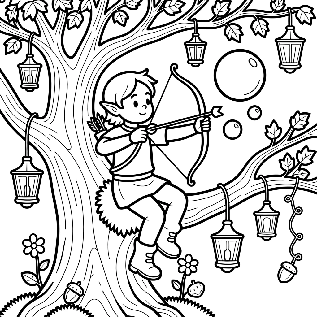 An elf archer perches in the branches of an ancient oak, aiming playfully at a floating soap bubble instead of a target, surrounded by glowing lanterns strung between branches.