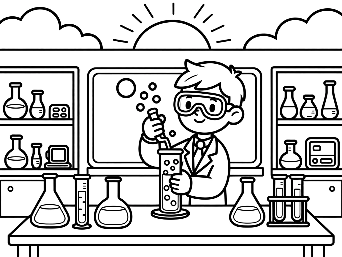 [Science Experiments] a young scientist mixing bubbling liquids watching colorful bubbles fizz over the top at a classroom science table. In the background, beakers and test tubes line the table, adding extra fun to explore. Bubbles and fizz add fun texture to color. It all happens at sunset, with fluffy clouds drifting overhead.