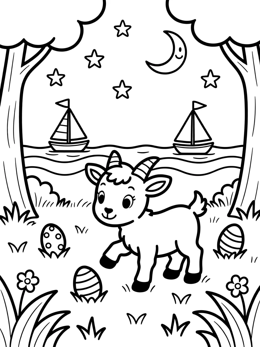 A bouncy baby goat is searching for hidden eggs tucked in the grass in a quiet clearing of an enchanted forest. sparkling stars scattered across the sky and little sailboats bobbing on the horizon make the setting feel extra special.