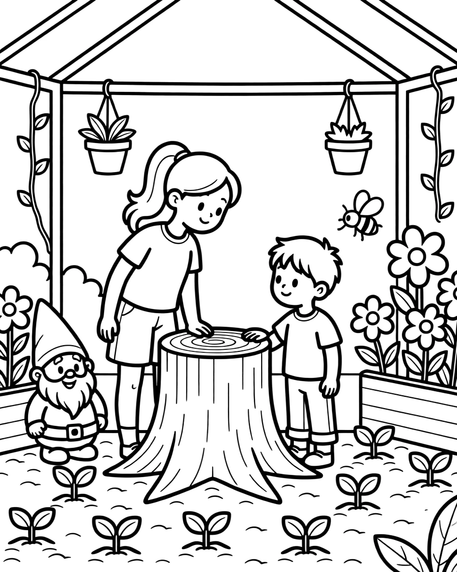 A big sister and her little brother admiring rings of a tree stump surrounded by seedlings in a greenhouse filled with budding plants, near a garden gnome peeking from the flowers and a bee buzzing near a blossom.