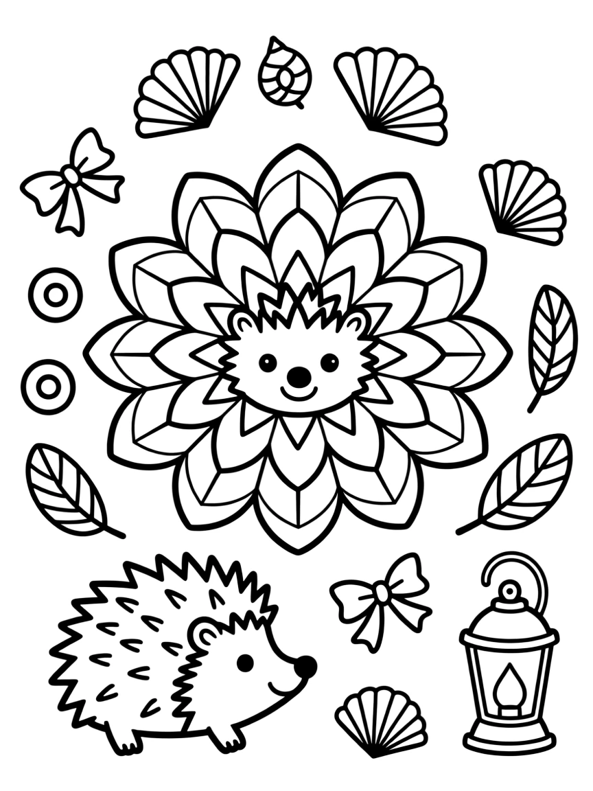 Woodland Animals: The design turns a round little hedgehog with tiny spiky fur into a kaleidoscope-style composition anchored by a layered rosette mandala with overlapping round petals. The imagery is broken into repeating fragments that spin outward from the center in a kaleidoscope-style circle of matching wedges. Decorative details fill the surrounding space, including loops shaped like small bows, tightly coiled spiral shells, and fan-shaped feather clusters woven throughout the background. A playful extra touch completes the page: a little lantern glowing softly in one corner of the pattern.