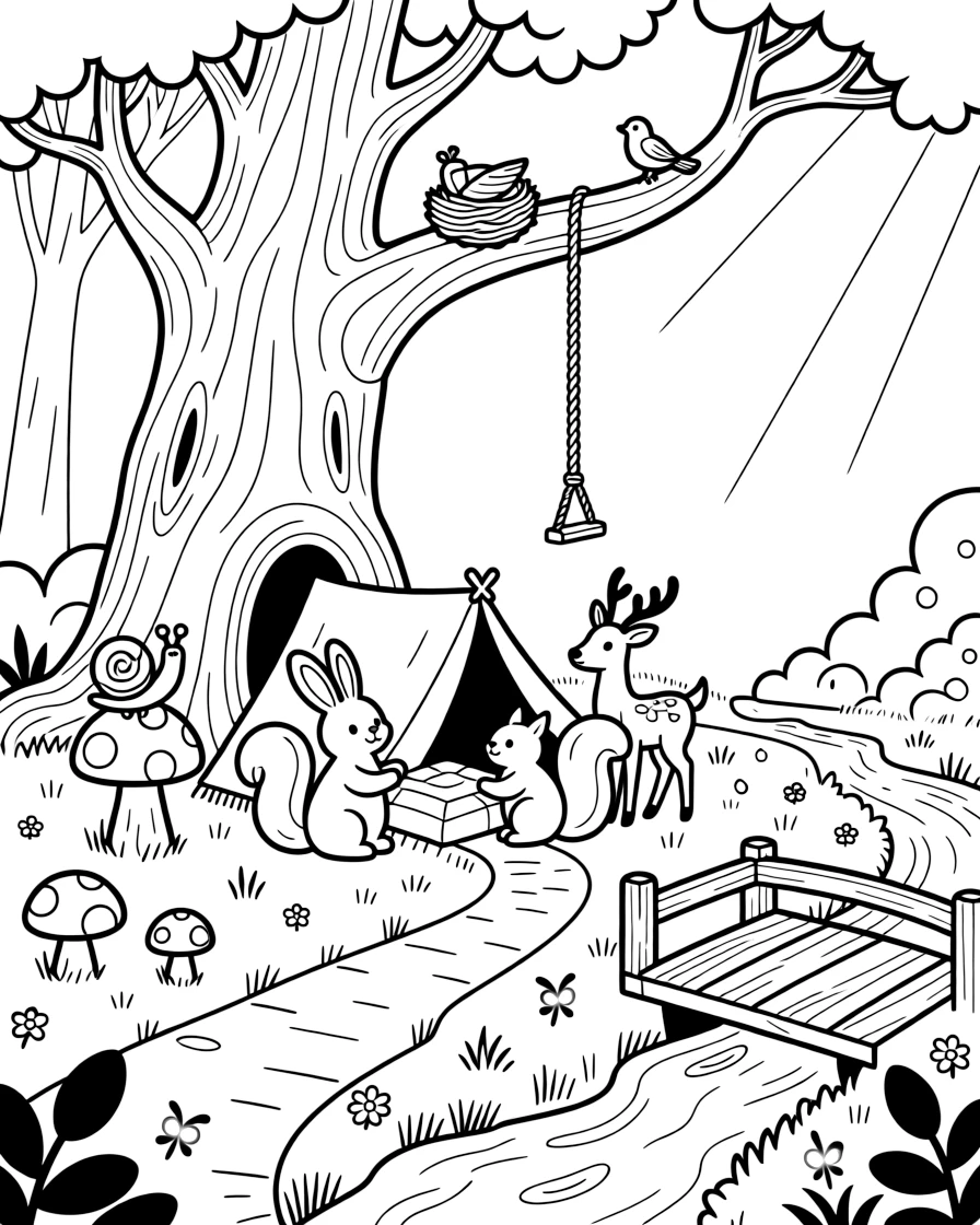 [Enchanted Forest] A group of woodland friends build a small blanket fort beneath the sprawling roots of an ancient oak. Tiny birds build a nest in a low branch while a snail slowly climbs a nearby toadstool. The path winds past a giant oak tree with a rope swing, colorful toadstools, and a bubbling brook crossed by a small wooden bridge. Soft afternoon light glows through the branches as fireflies begin to twinkle near the undergrowth.