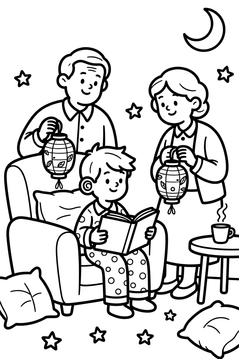 A boy with a hearing aid listening to a bedtime story with both grandparents with paper lanterns swaying gently.