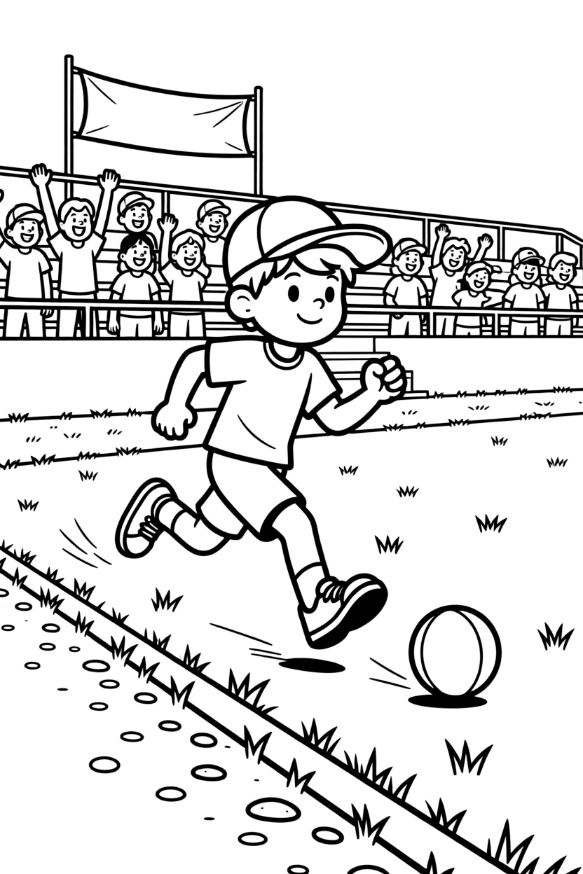 A confident boy wearing a bright cap, chasing a rolling ball toward the sideline as the crowd in the bleachers cheers loudly.