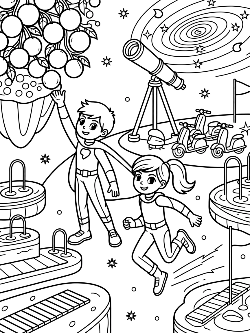 Twin superhero siblings Titan (electric) and Solstice (super-fast) harvesting glowing fruit from floating orchard islands, in a training academy for young space cadets with obstacle courses, with a giant telescope pointed at a swirling galaxy and a fleet of hover-scooters zipping past in the background nearby.