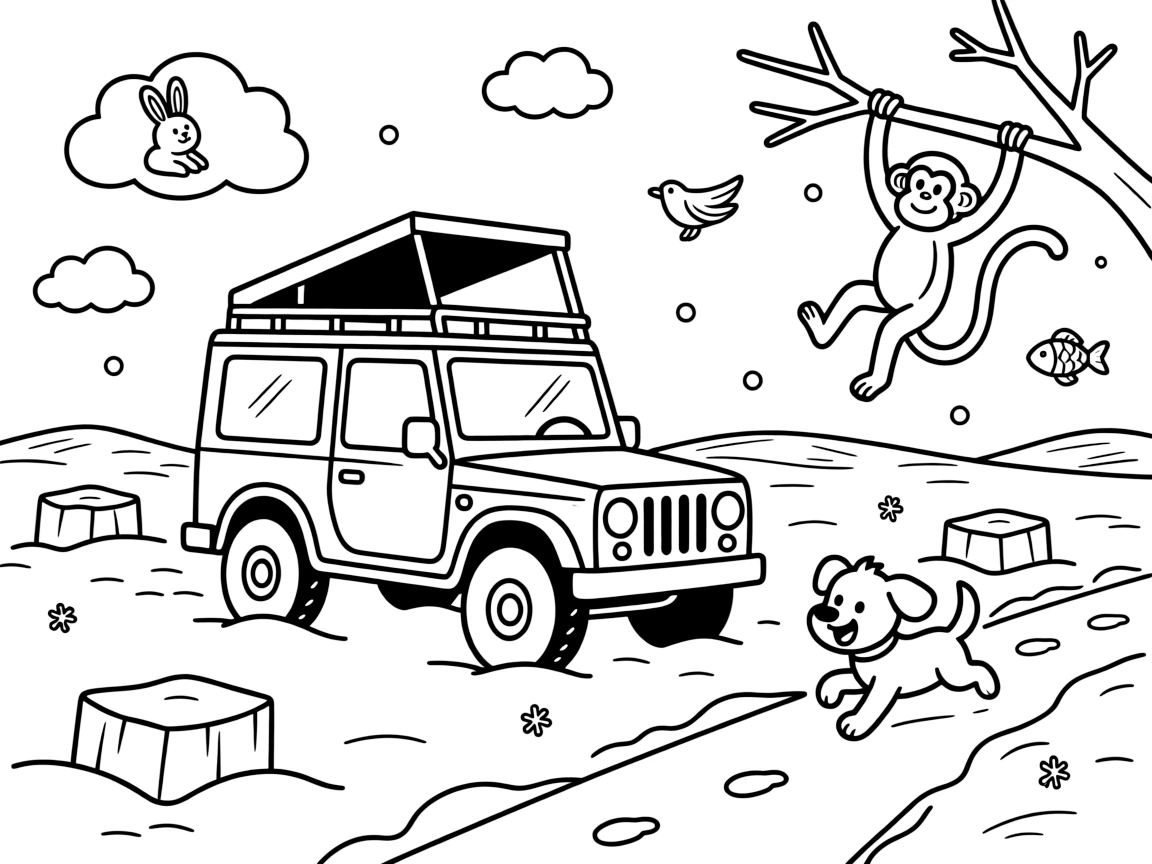In this scene, a safari jeep with a raised roof for animal spotting is the star of an icy arctic field with drifting chunks of blue-white ice, joined by an excited puppy chasing along the road, with a friendly monkey swinging through nearby branches and fluffy clouds shaped like animals drifting overhead scattered throughout for kids to color.