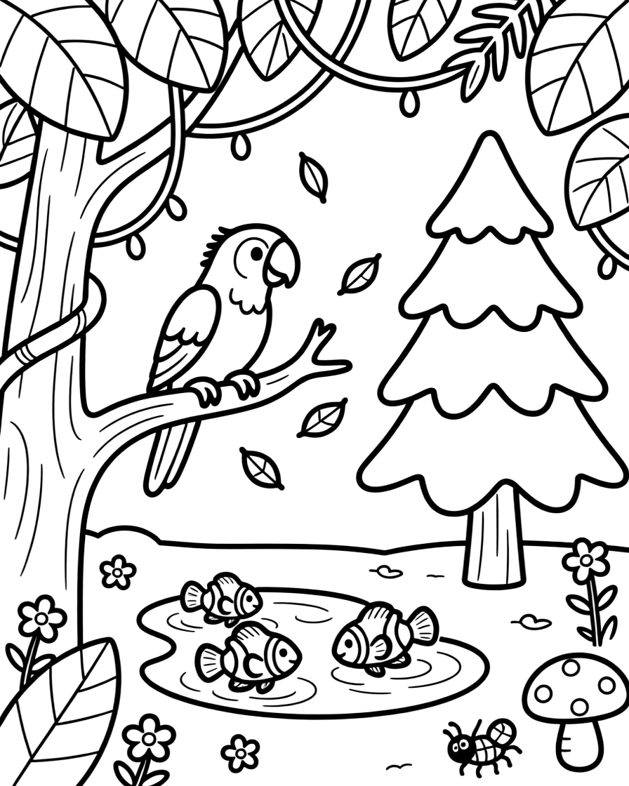 A parrot in a bustling jungle canopy, helping gather fallen leaves with a school of clownfish, next to a snow-covered pine tree.
