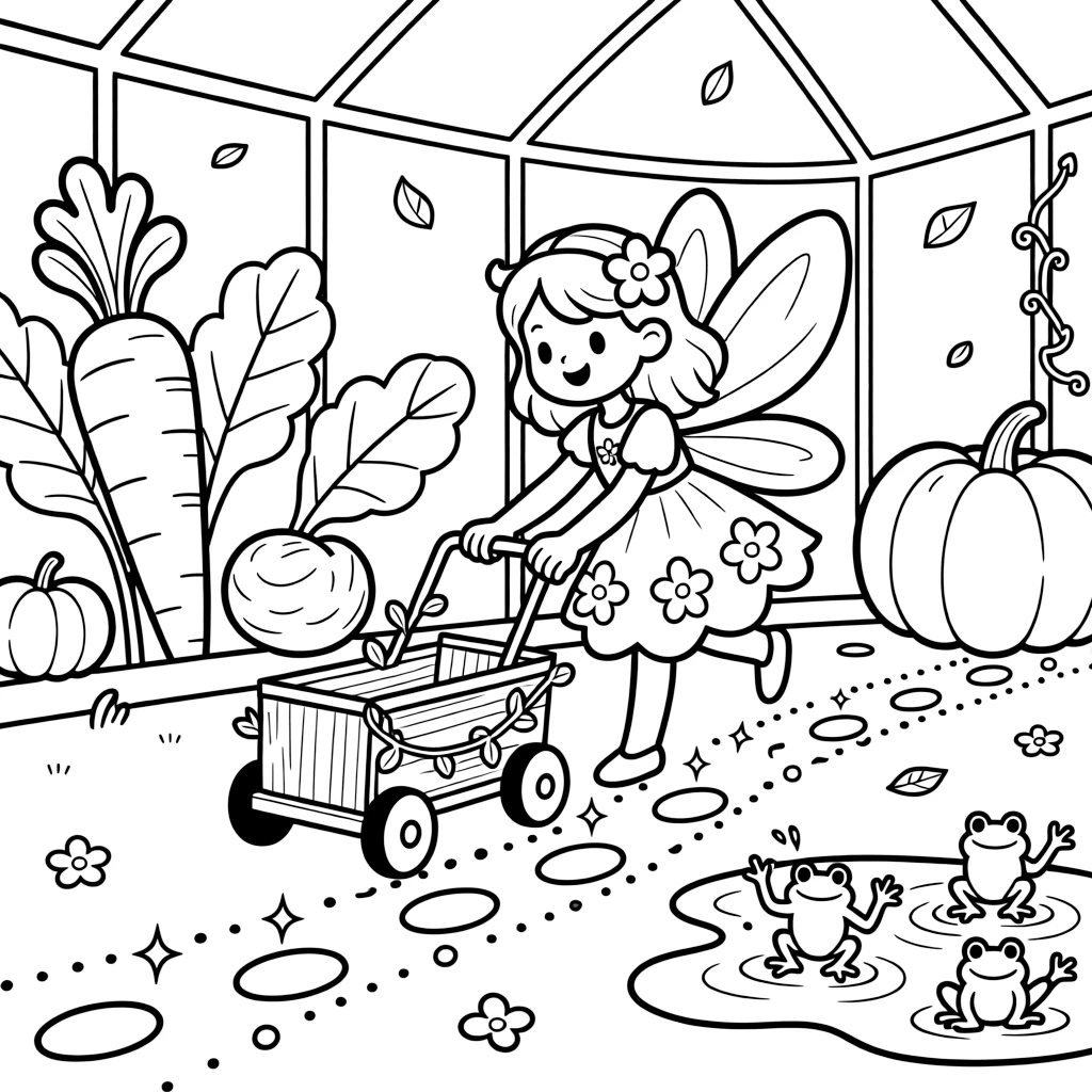 A huggable spring blossom fairy is putting the finishing touches on a homemade go-kart at a space station greenhouse growing giant vegetables, joined by a trail of glowing footprints and a puddle full of jumping frogs. It's shaping up to be the happiest day in the whole kingdom.