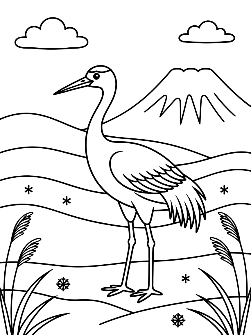 A coloring page of a red-crowned crane standing gracefully in a snowy field in Japan, set against a scenic backdrop with soft clouds and a distant mountain or shoreline.