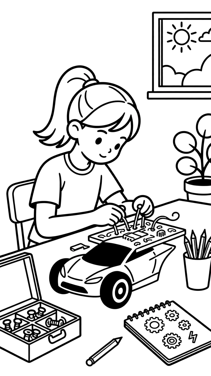 a determined young girl connects wires on a circuit board to make a toy car zoom forward.