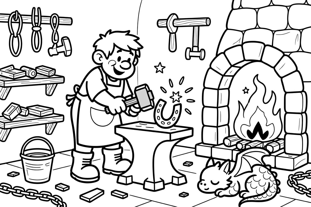 A cheerful dwarf blacksmith hammers a glowing horseshoe in his mountain forge, sparks flying, while a small dragon curled by the furnace warms itself like a cat.
