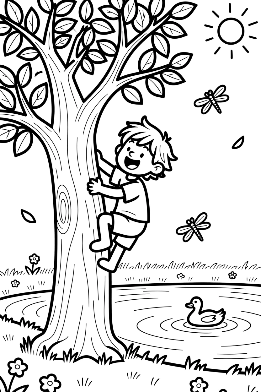 [Outdoor Adventures] A dynamic scene shows a child climbing a big backyard tree climbing higher into leafy branches beside a calm pond, laughing joyfully. Close by, ripples spread across the pond's surface. Fresh air and sunshine fill the scene. The moment unfolds at high noon, with a light breeze blowing, filled with energetic detail perfect for a young colorist.