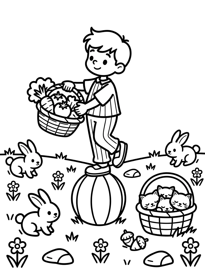 A young circus performer balancing on a big ball is harvesting fresh vegetables into a garden basket in a meadow filled with grazing bunnies. Just beyond, a cluster of acorns and pinecones scattered about and a basket of sleepy kittens curled together make the scene feel magical.