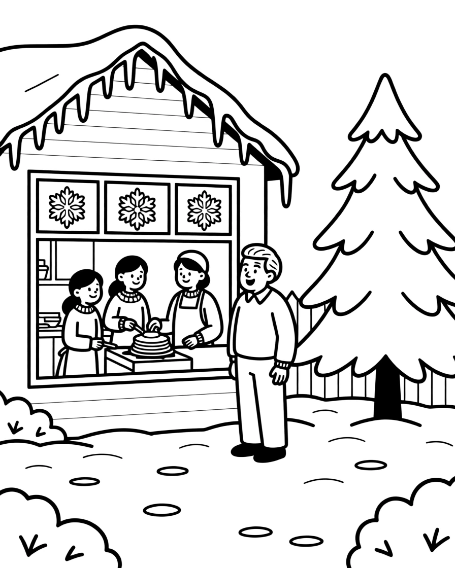A wide view in a snowy front yard with icicles hanging from the roof, featuring a family flipping crepes together in the kitchen, a proud grandfather, and paper snowflakes hanging in a window, with a snow-covered pine tree nearby.
