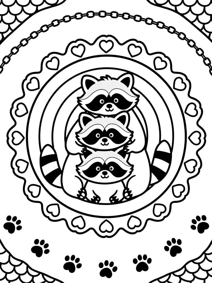 Woodland Animals: The main subject is a family of raccoons stacked in a playful pile, drawn as the focal point of a shell-spiral mandala coiling outward in smooth turns. It is centered on the page, anchoring a design that expands outward in smooth, even waves. Decorative details fill the surrounding space, including a chain of linked heart shapes, overlapping fish-scale textures, and interlocking circle chains woven throughout the background. A playful extra touch completes the page: a trail of small paw prints wandering along the outer edge.