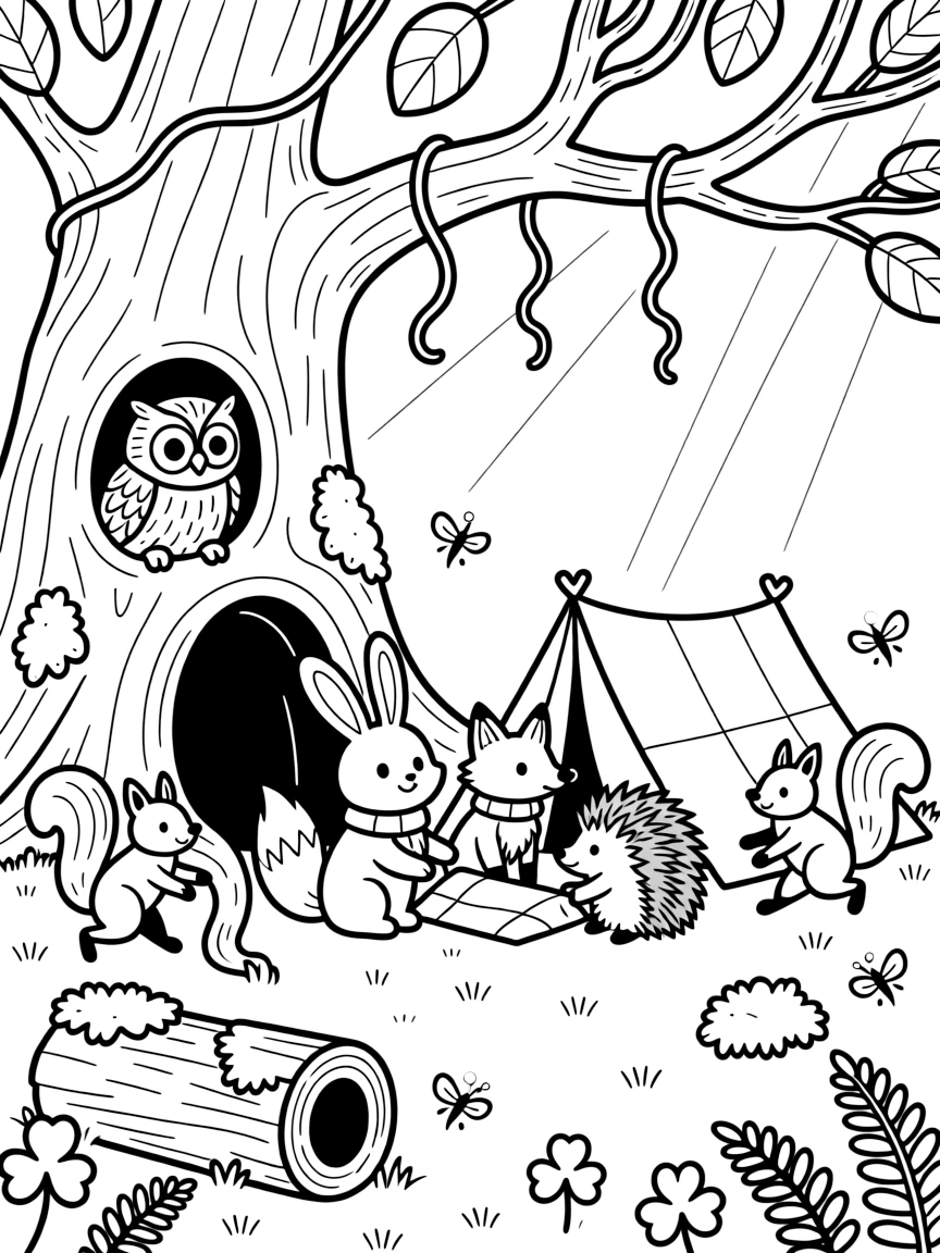 [Enchanted Forest] A group of woodland friends build a small blanket fort beneath the sprawling roots of an ancient oak. Nearby, a wise old owl watches from a hollow tree, while squirrels chase each other around a mossy stump. Twisting vines hang from the branches above a hollow log den, surrounded by patches of ferns and clover. Soft afternoon light glows through the branches as fireflies begin to twinkle near the undergrowth.
