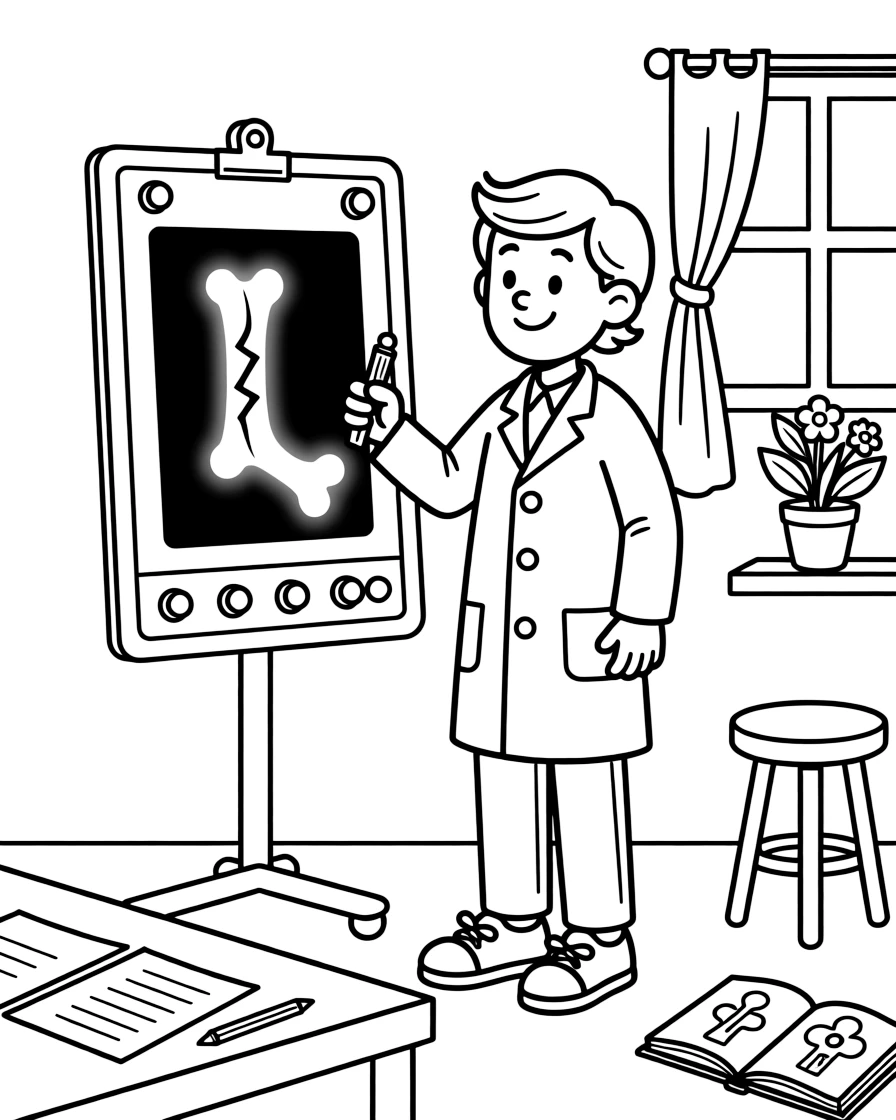 A radiologist studies a glowing X-ray of a broken arm clipped to a lightboard.