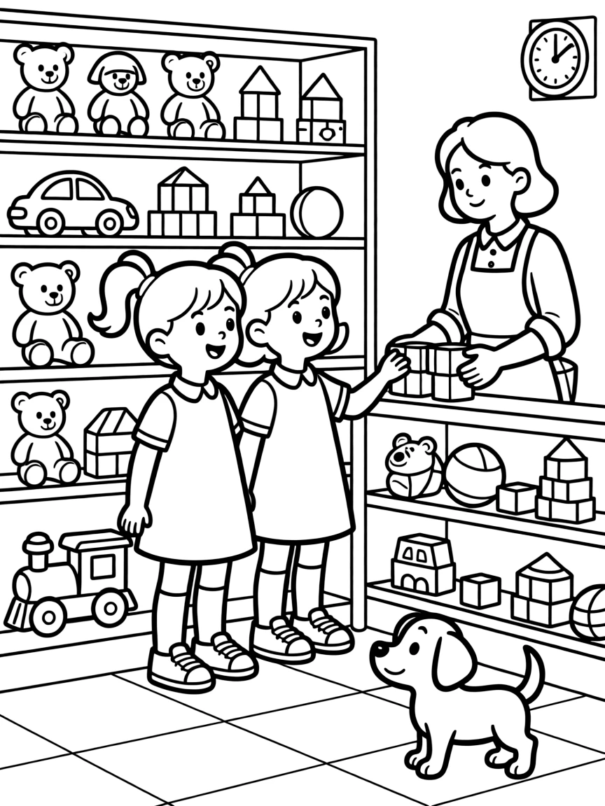 Twin sisters picking out a toy from a toy shop owner as a curious puppy watches.