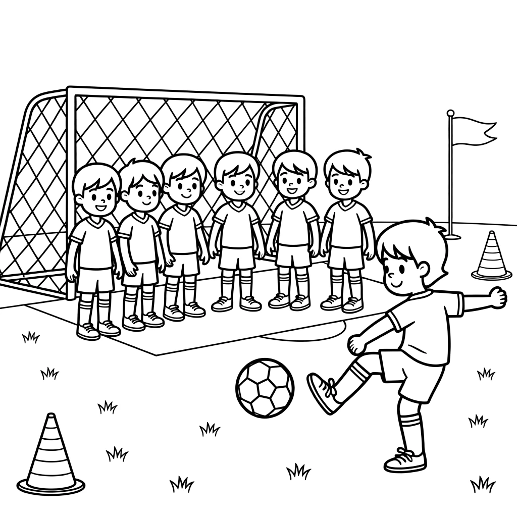 A group of classmates, practicing a corner kick, curling the ball toward a cluster of teammates waiting by the goalpost.