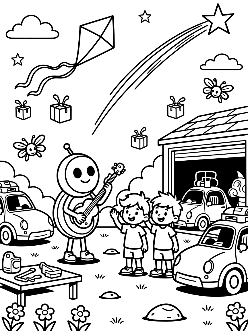 Quibble, an alien musician with a spiral shell body spotting a shooting star and making a wish with new friends near a workshop garage filled with half-finished hovercars, surrounded by tiny drones buzzing around delivering packages and a kite shaped like a friendly dragon flying overhead.