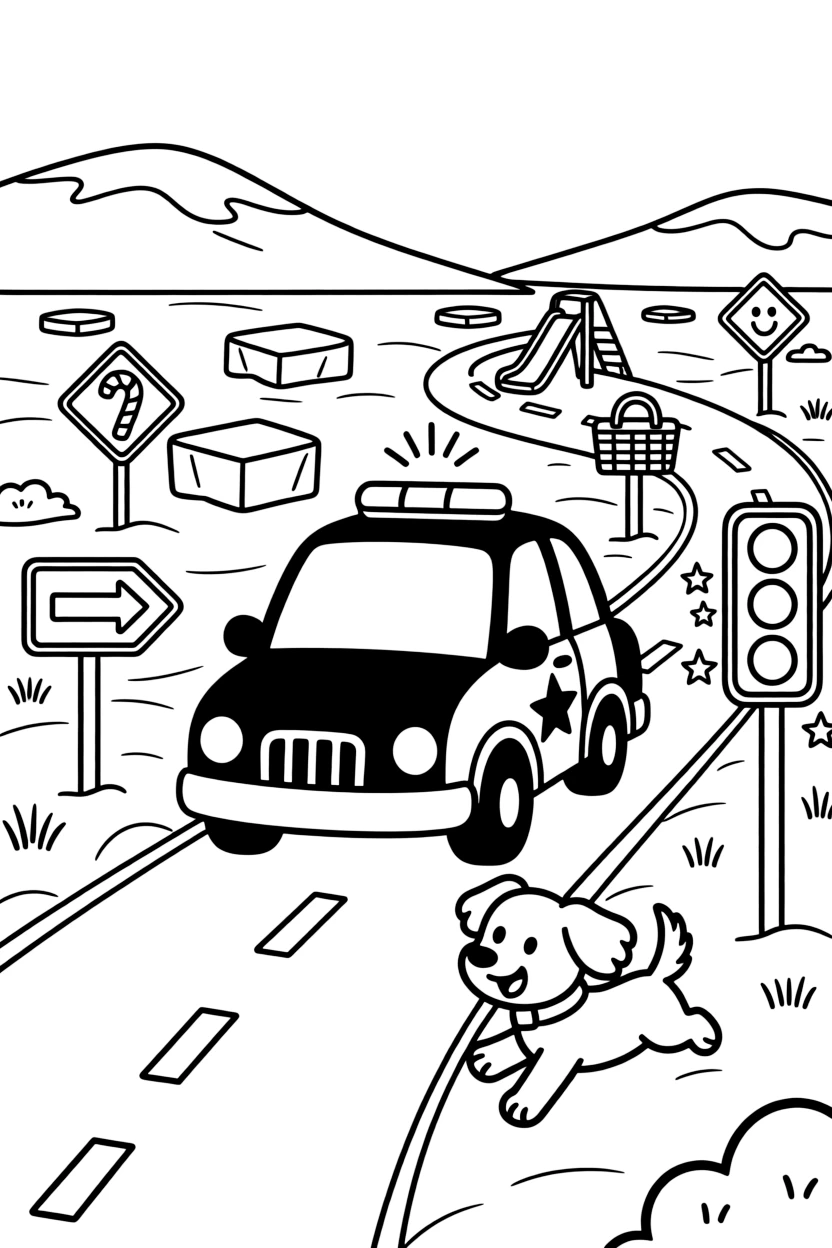 In this scene, a police car with its lights spinning atop the roof is the star of an icy arctic field with drifting chunks of blue-white ice, joined by an excited puppy chasing along the road, with road signs pointing toward fun destinations and a signal light blinking cheerfully scattered throughout for kids to color.
