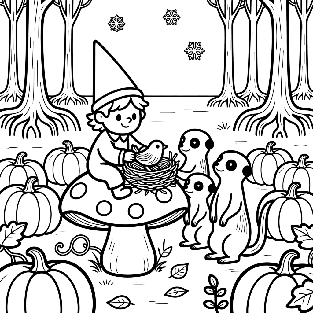A mushroom-riding gnome pet building a tiny nest together with a meerkat family in a pumpkin patch in October, near a mangrove forest, as gentle snowflakes drift down.