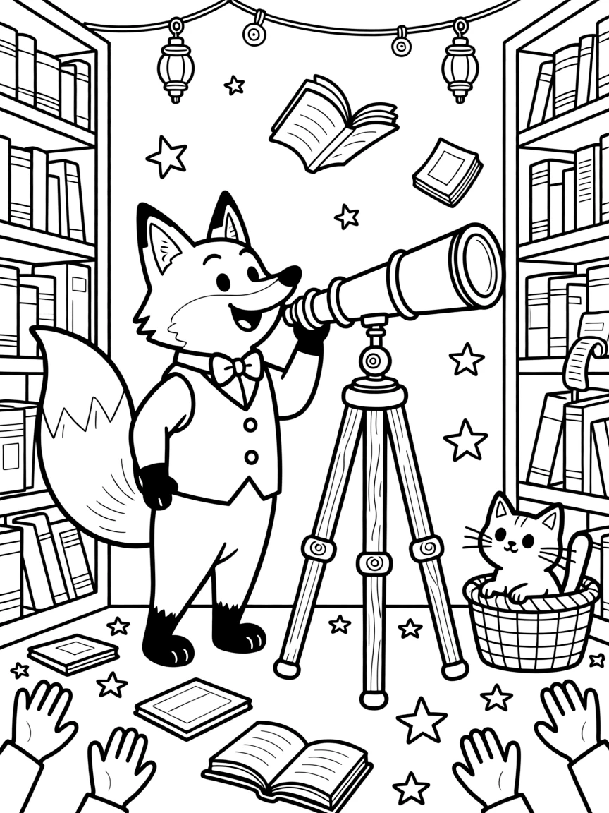 Giant and full of excitement, a puppet theater fox spends the day stargazing through a giant telescope in a magical library where the books float and flutter. Nearby, a curious kitten peeking out from a basket adds to the fun. Everyone claps and cheers at the happy sight.