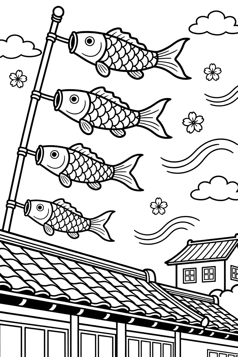 A coloring page highlighting a beloved cultural symbol from Japan: koi-shaped windsocks flying above rooftops for Children's Day, displayed proudly with small decorative flourishes around it.