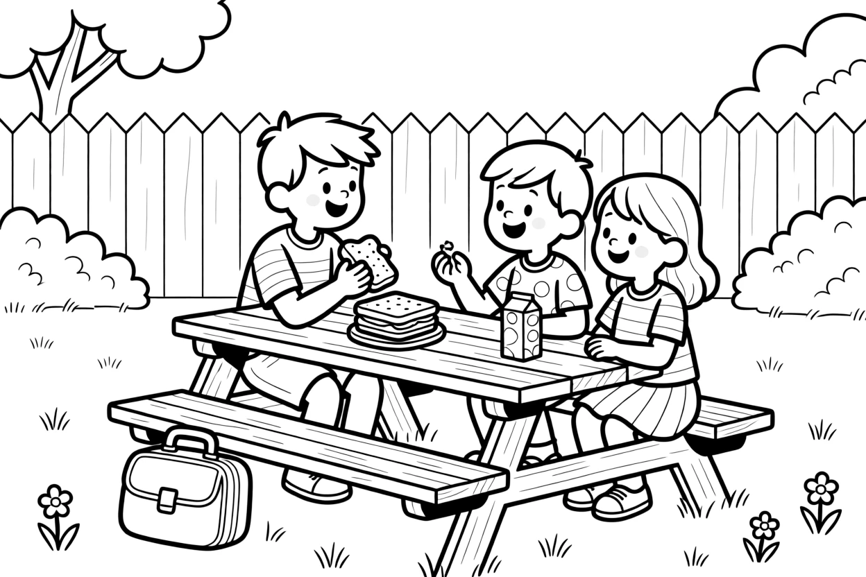 a proud young boy shares a snack with new friends at a picnic table during recess.