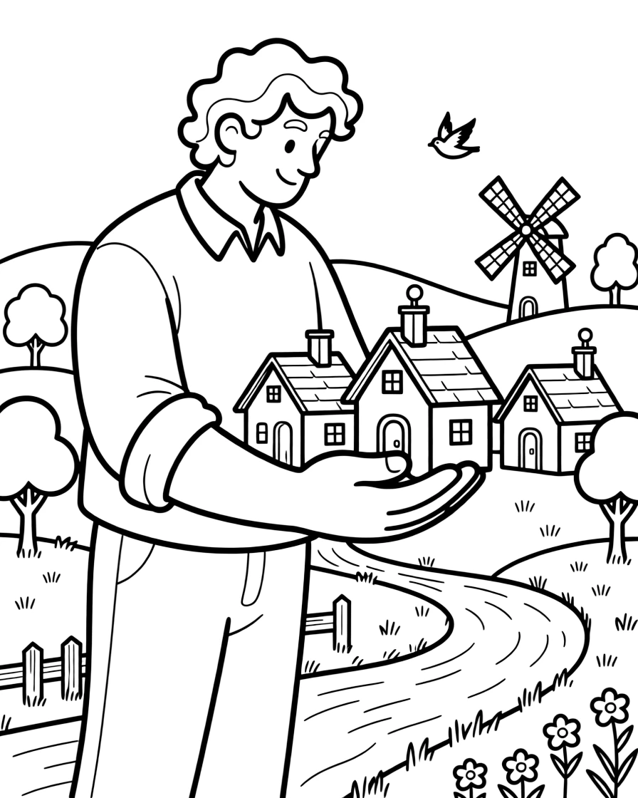 A gentle giant cradles a tiny village in the palm of his hand, carefully placing a new cottage among miniature houses, windmills, and a winding river.