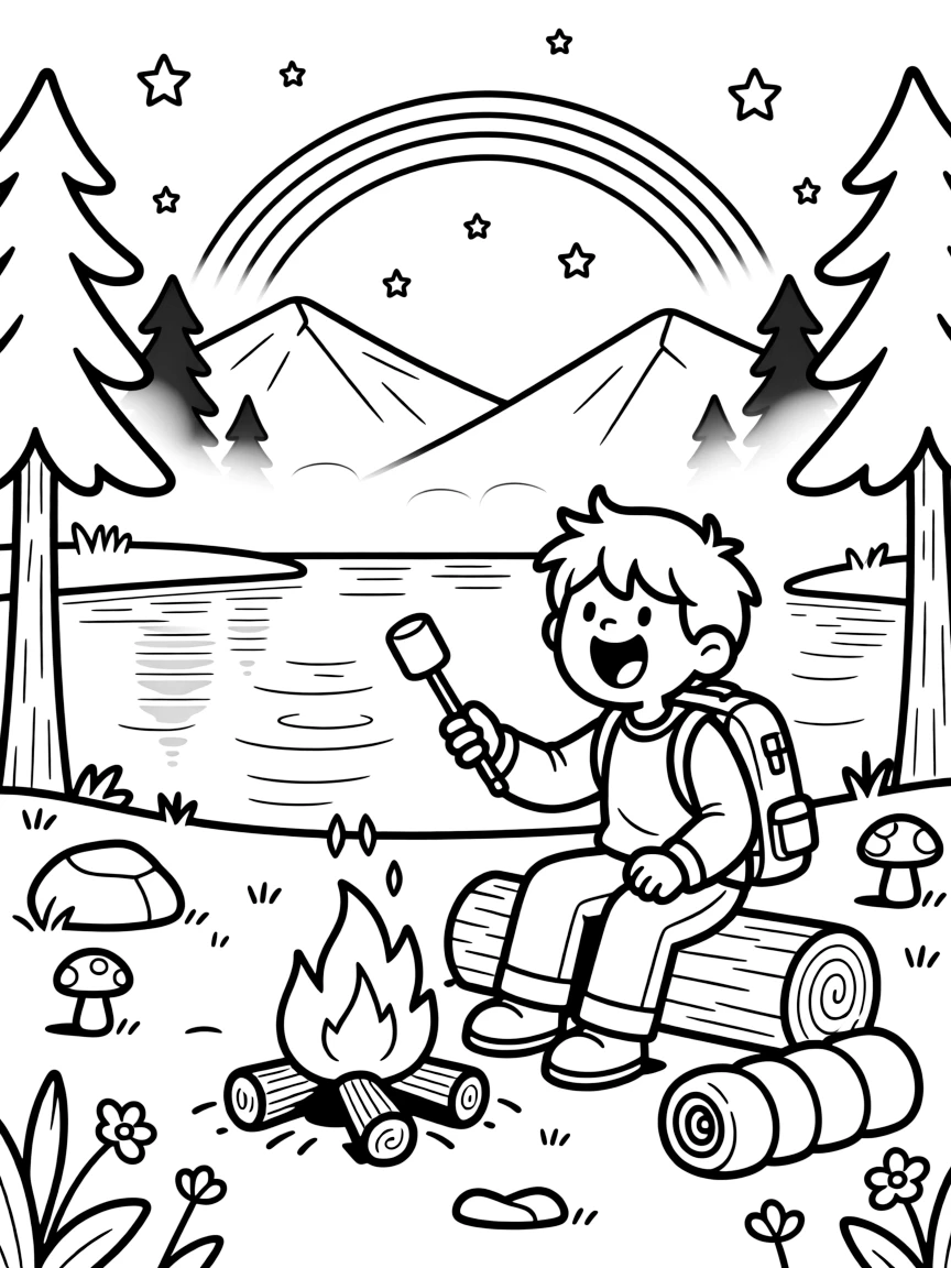 [Camping] a young camper roasting marshmallows toasting marshmallows over a crackling fire beside a calm mountain lake, letting out a triumphant roar. Nearby, stars twinkle brightly overhead. Tall pine trees frame the campsite. The scene is captured on a foggy morning, with a rainbow arching overhead, giving the page a lively and adventurous feel that invites plenty of colorful detail.