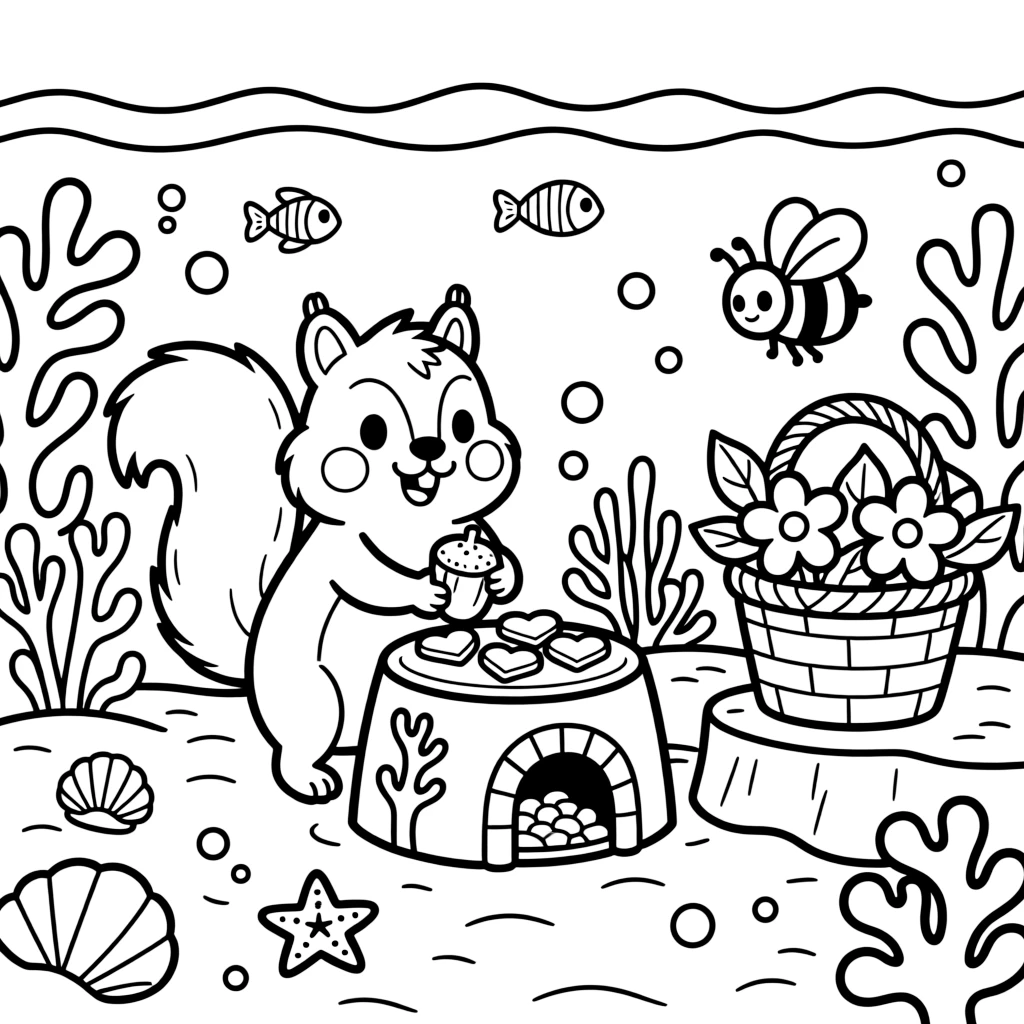 A chipmunk with cheeks full of acorns is baking a batch of heart-shaped cookies in an underwater coral reef full of colorful fish. a basket brimming with fresh flowers and a curious bumblebee buzzing among the blooms make the scene feel magical.