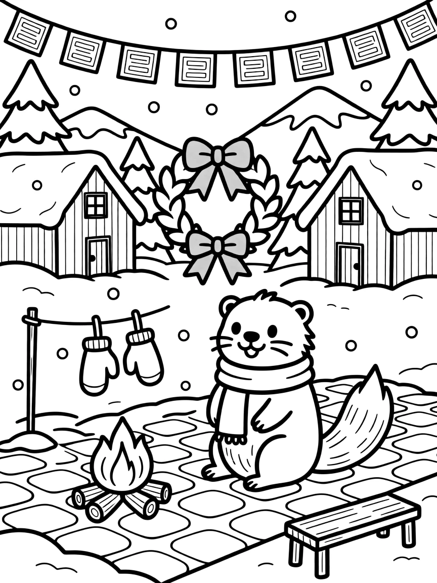 A playful otter sitting beside prayer flags fluttering above a mountain village on a snow-covered village square, with a wreath tied with a red ribbon and a pair of mittens drying by the fire scattered about.