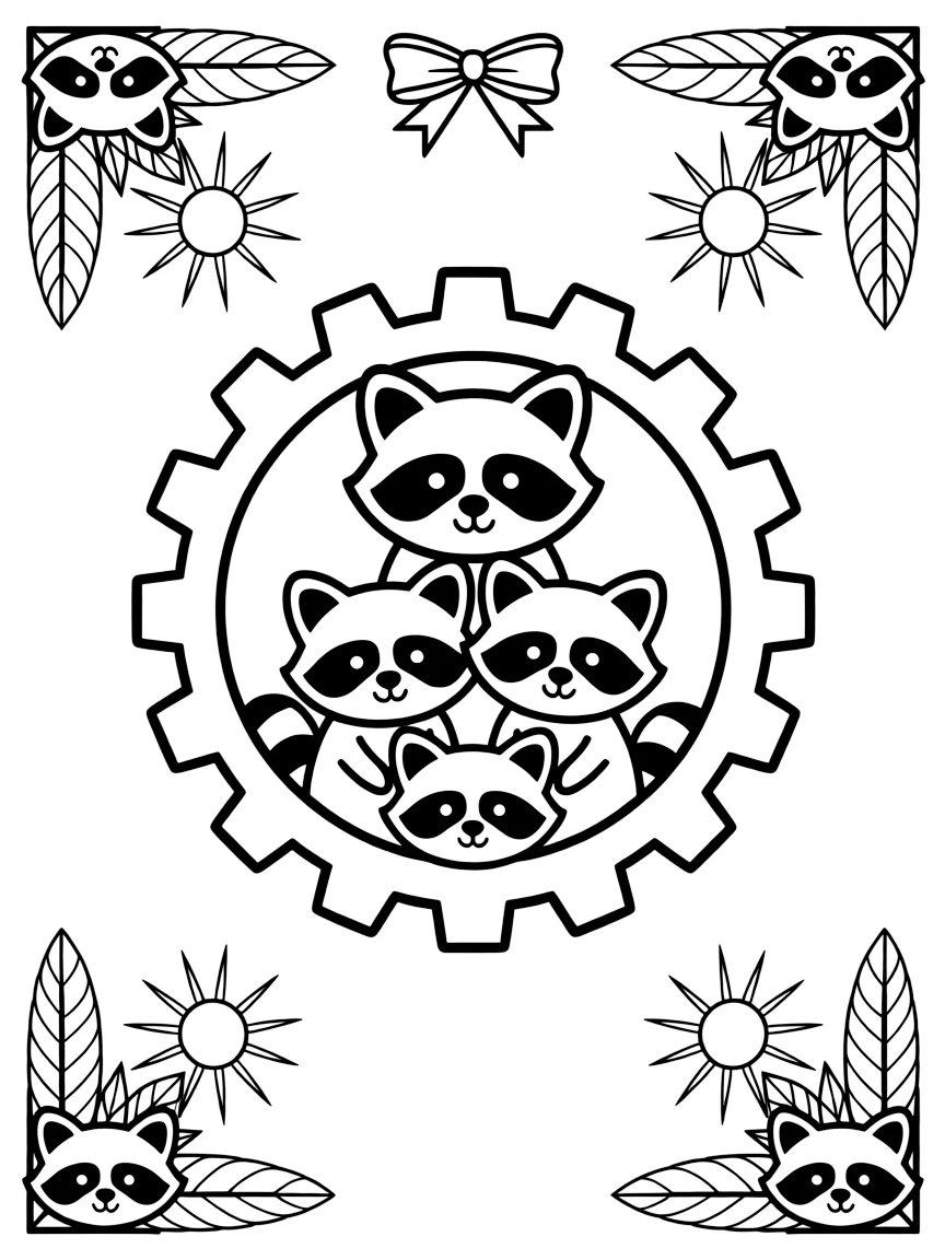Woodland Animals: The page centers on a repeating motif of a family of raccoons stacked in a playful pile, built around a gear-wheel mandala with even notches around the rim. The motif is lined up along the top and bottom edges, mirrored by a matching row along the left and right sides. Decorative details fill the surrounding space, including rays fanning out like a small sunburst, clusters of tiny bells, and layered leaf clusters woven throughout the background. A playful extra touch completes the page: a small ribbon bow tied neatly at the top of the design.