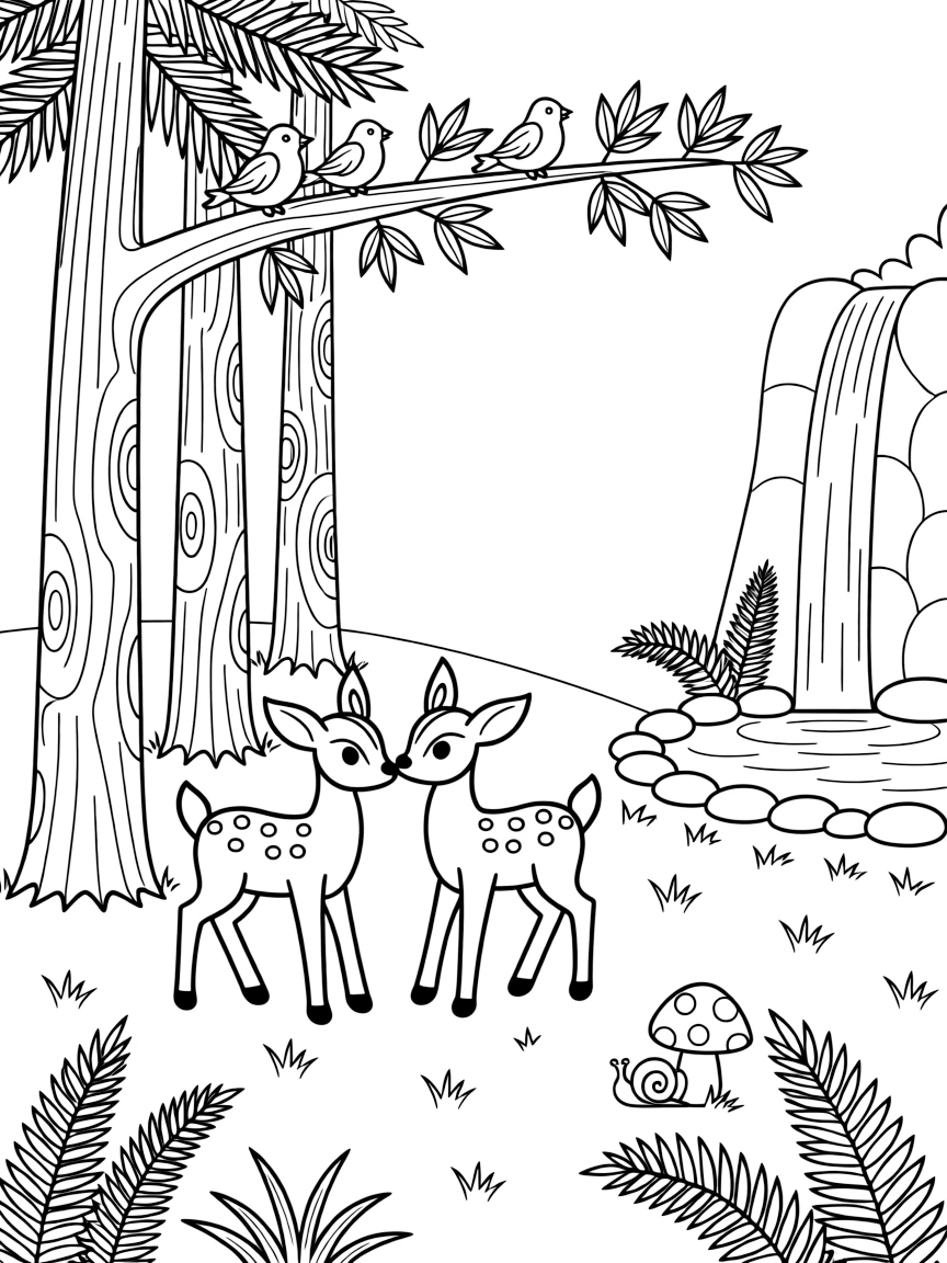 [Enchanted Forest] Two young deer play tag around a cluster of tall pine trees in a sunlit forest clearing. Tiny birds build a nest in a low branch while a snail slowly climbs a nearby toadstool. A tall waterfall trickles into a small pond edged with smooth stones and clusters of wild ferns. Soft afternoon light glows through the branches as fireflies begin to twinkle near the undergrowth.
