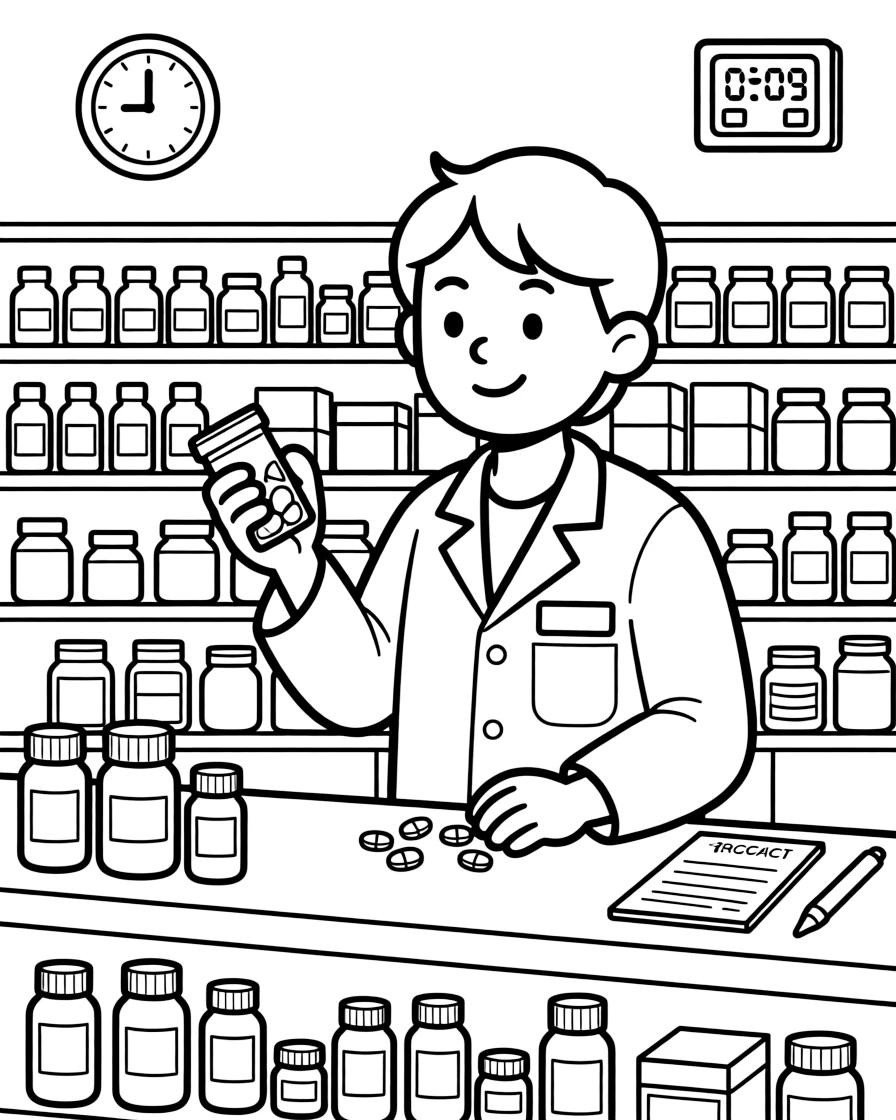 A pharmacist counts colorful pills into a bottle behind a counter lined with medicine shelves.