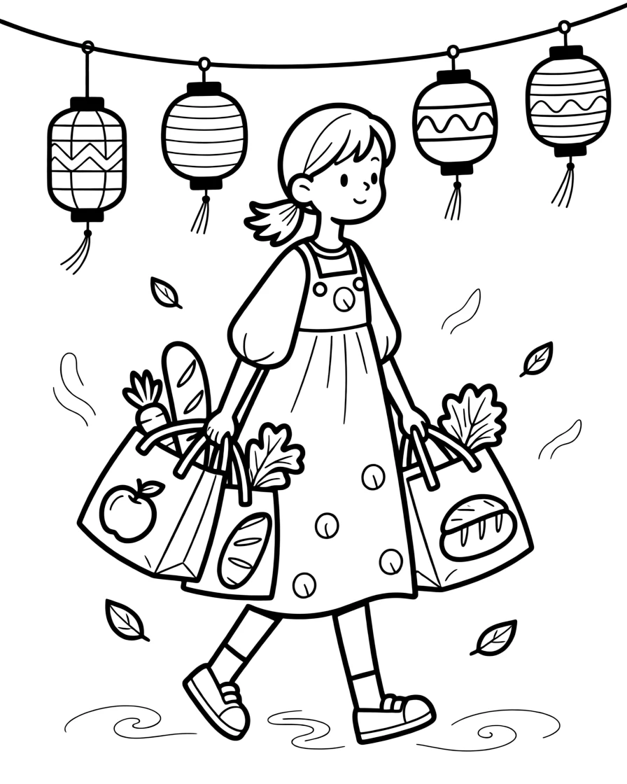 A tall girl helping carry grocery bags with quiet focus and pride, all alone with paper lanterns swaying gently.