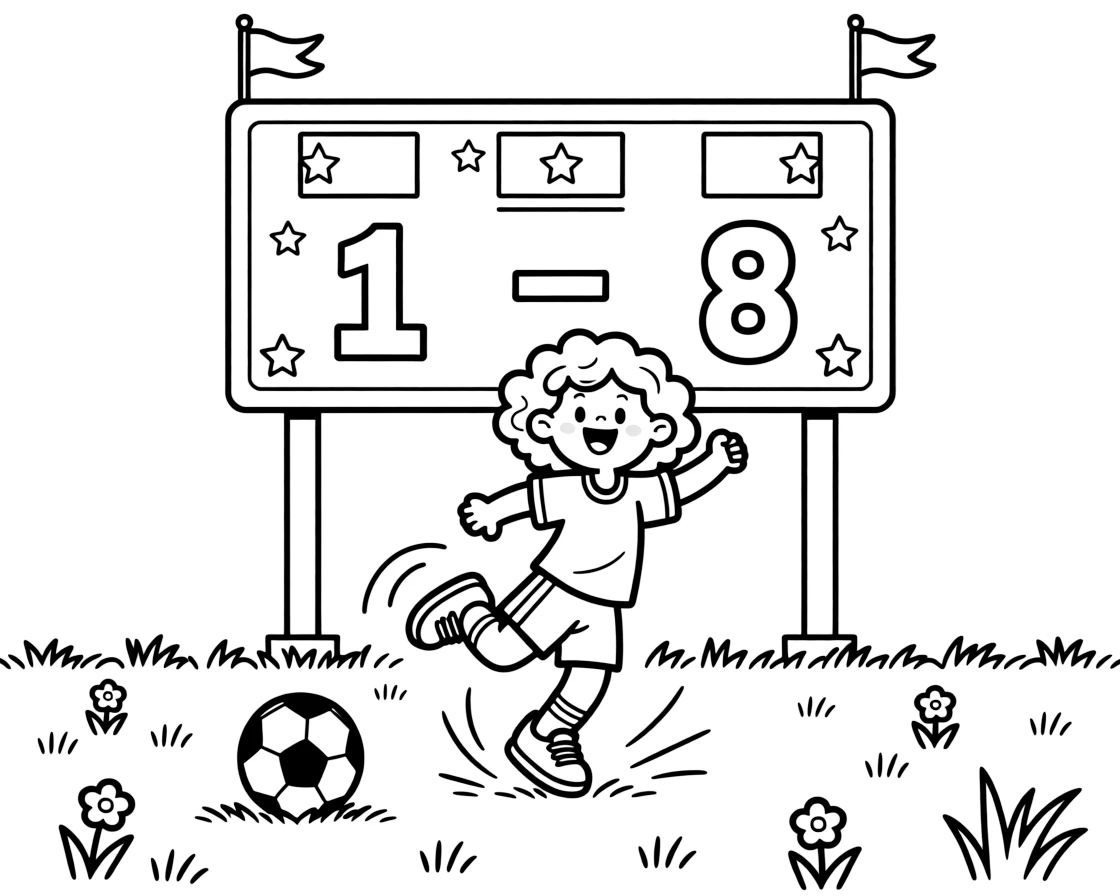 A little girl with curly hair, celebrating a goal with a joyful cartwheel in front of the scoreboard showing the final score.