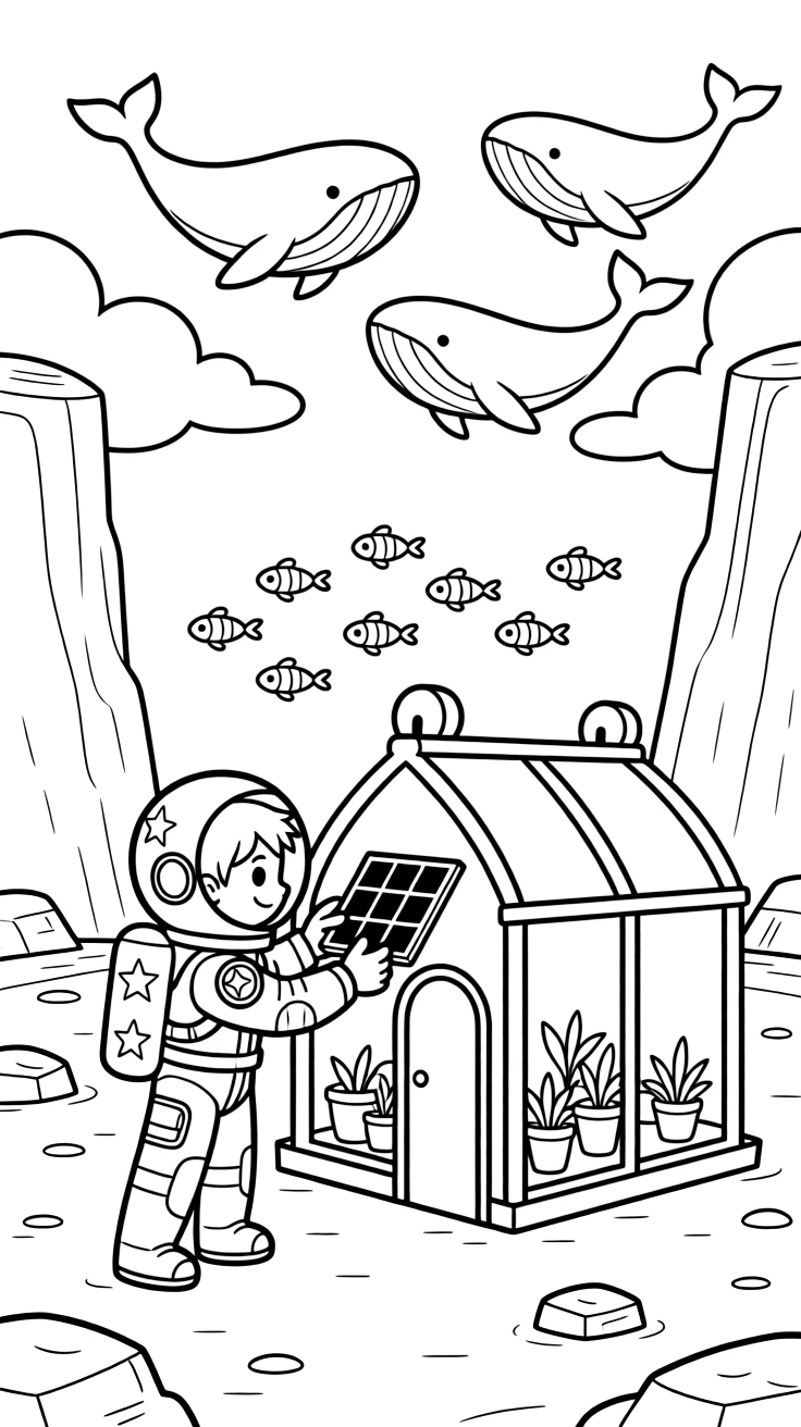 Explorer Ionia, a young space explorer in a starry spacesuit grafting a new solar panel onto a robot farmer's greenhouse, in a red desert planet with towering rock canyons, with a family of gentle space whales swimming through the clouds and a school of glowing space fish swimming through the air nearby.