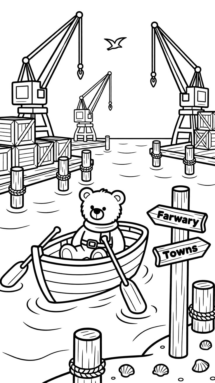 This page centers on a wooden rowboat with oars resting on its sides exploring a busy harbor lined with docks, cranes, and stacked crates, featuring a teddy bear buckled safely into the passenger seat and little extras like an old wooden signpost pointing to faraway towns and stacks of colorful cargo boxes ready to be unloaded.