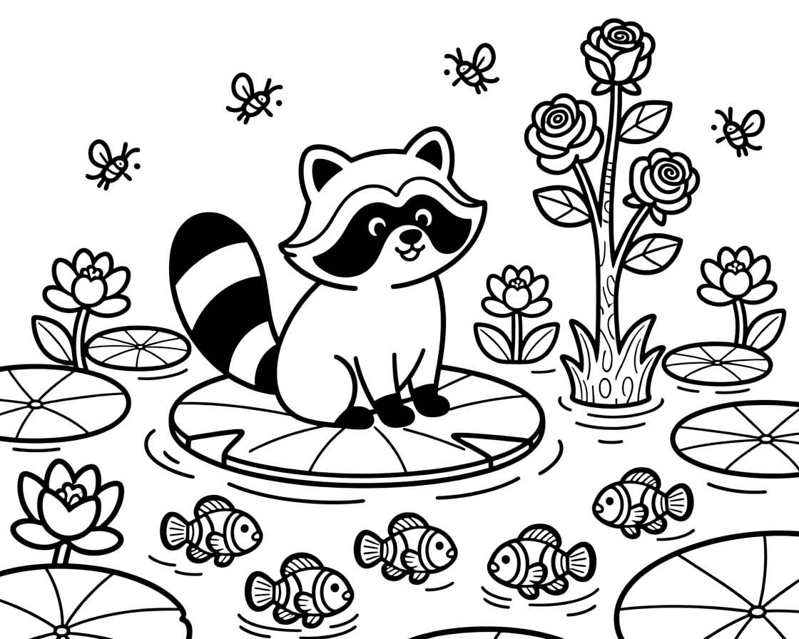 A raccoon on a floating lily raft, playing hide and seek among the flowers with a school of clownfish, next to a rose bush, with fireflies twinkling nearby.
