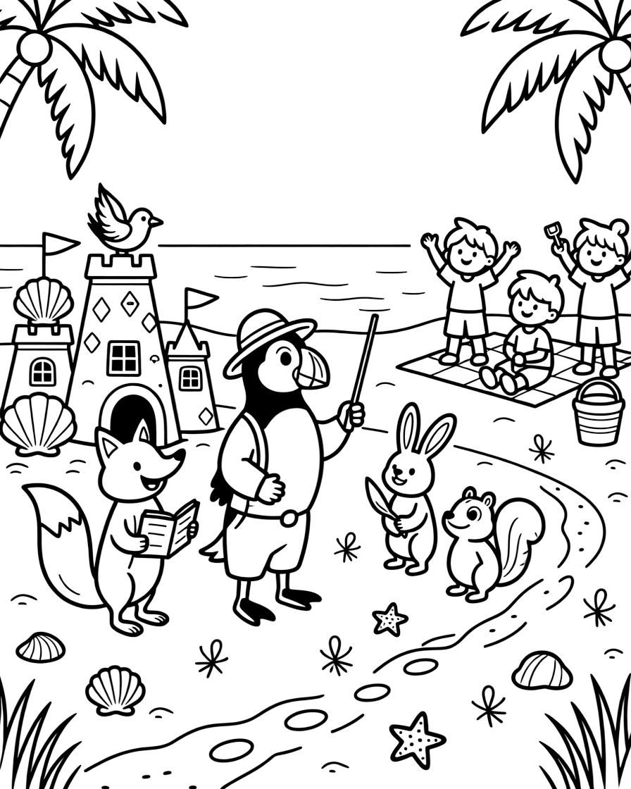 At the beach among sandcastles and seashell forts, a curious puffin fisherman is busy conducting a choir of singing woodland animals, cheered on by a trail of glowing footprints and twinkling fireflies lighting up the path. The whole neighborhood has come out to join the fun.