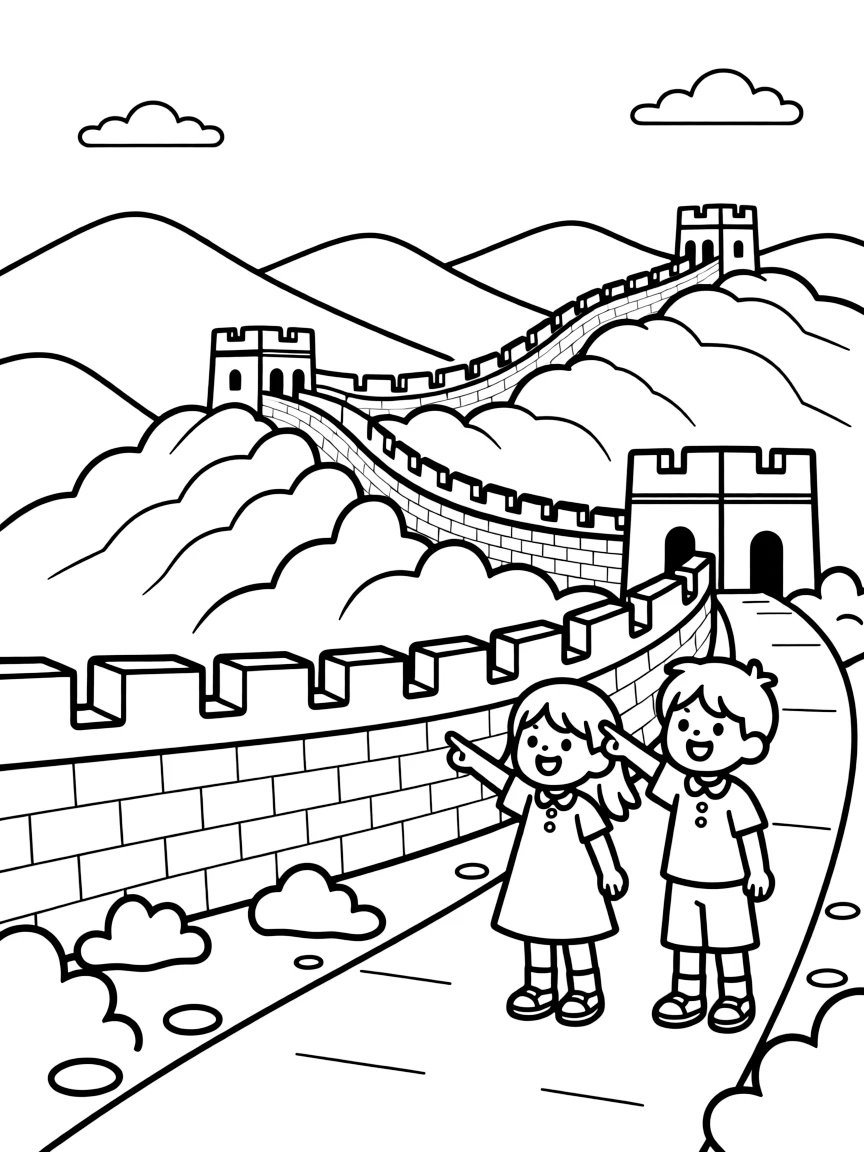A coloring page set in China, showing the Great Wall winding over green mountain ridges with watchtowers along the way, with a winding path leading toward it and a couple of curious children pointing excitedly.