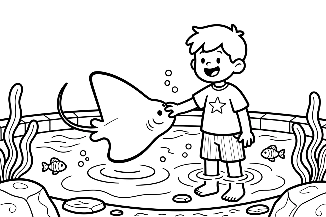 a giggling little boy touches a soft stingray gliding by in a shallow aquarium pool.
