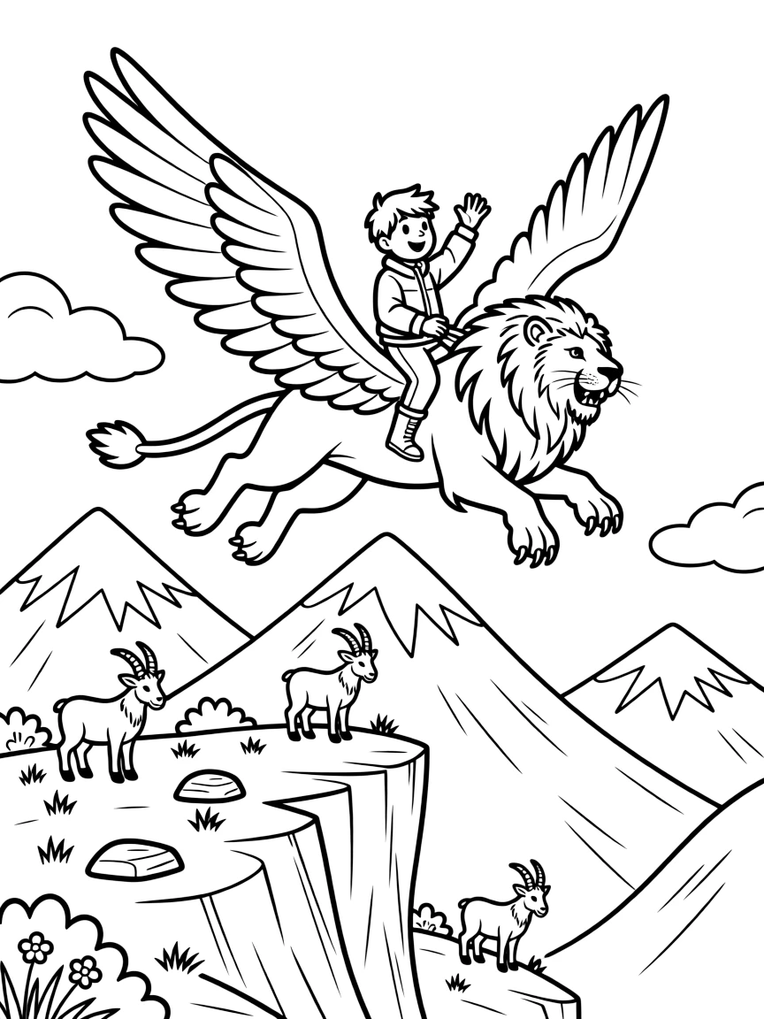 A griffin with a lion's body and eagle's wings soars above snowy mountain peaks, carrying a young adventurer on its back who waves down at goats grazing on a cliffside.