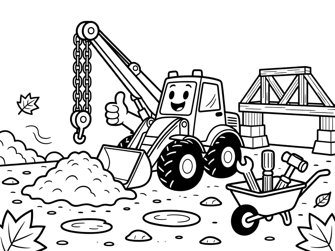 [Construction Vehicles] a front loader scooping dirt leveling a mound of dirt beside a new bridge under construction, giving a confident thumbs-up, while a wheelbarrow full of tools sits close by fills the surrounding area. Chains and hooks dangle from the crane arm. Set just after a rainstorm, with autumn leaves swirling in the wind, the page bursts with adventure and imagination.