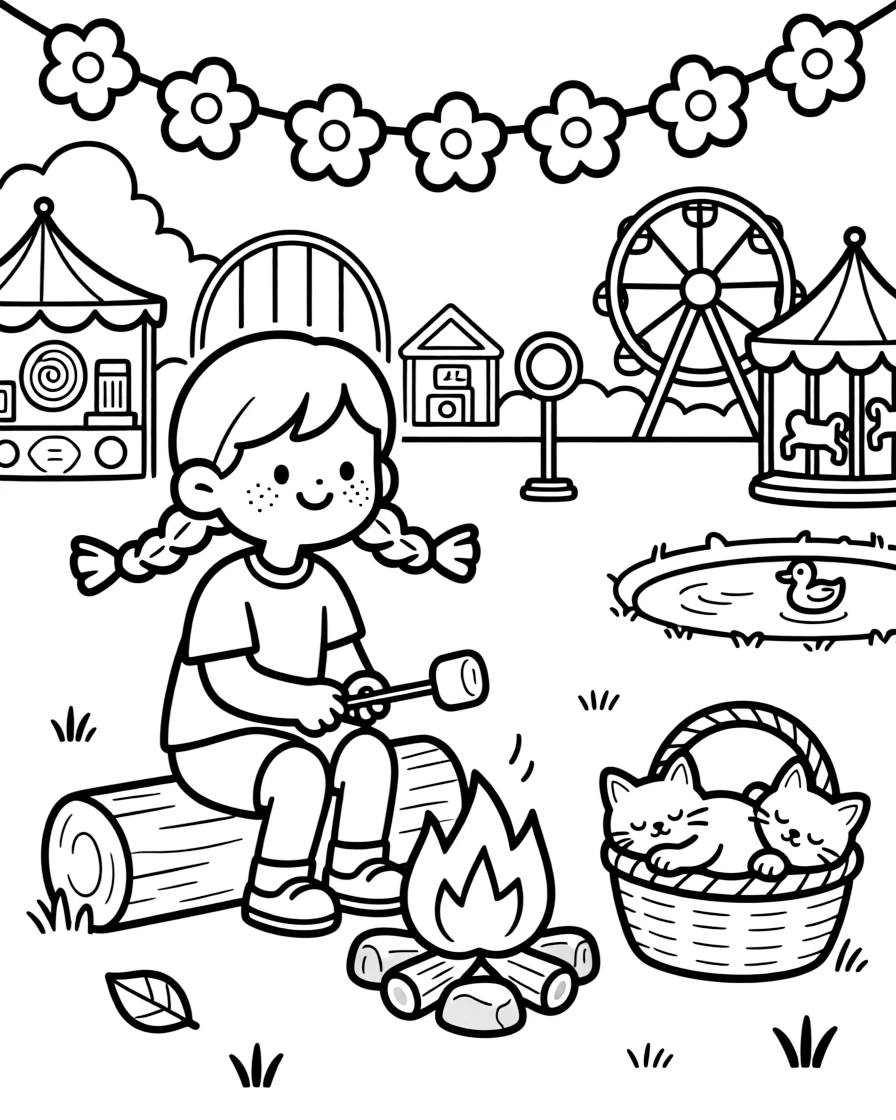 A girl with braided pigtails and freckles is roasting marshmallows over a crackling campfire at a county fair with games and rides. Nearby, a garland of paper flowers strung overhead and a basket of sleepy kittens curled together add a playful, cheerful touch.
