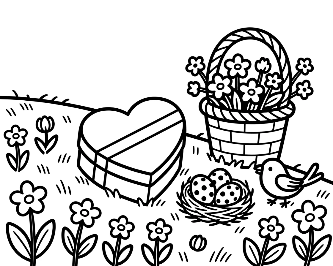 A close-up of a heart-shaped box of chocolates on a hillside meadow covered in wildflowers, surrounded by a basket overflowing with flowers and a nest with three speckled eggs.